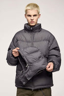 Packable White Duck Down Hooded Puffer Jacket in Dark Gray - product detail close-up
