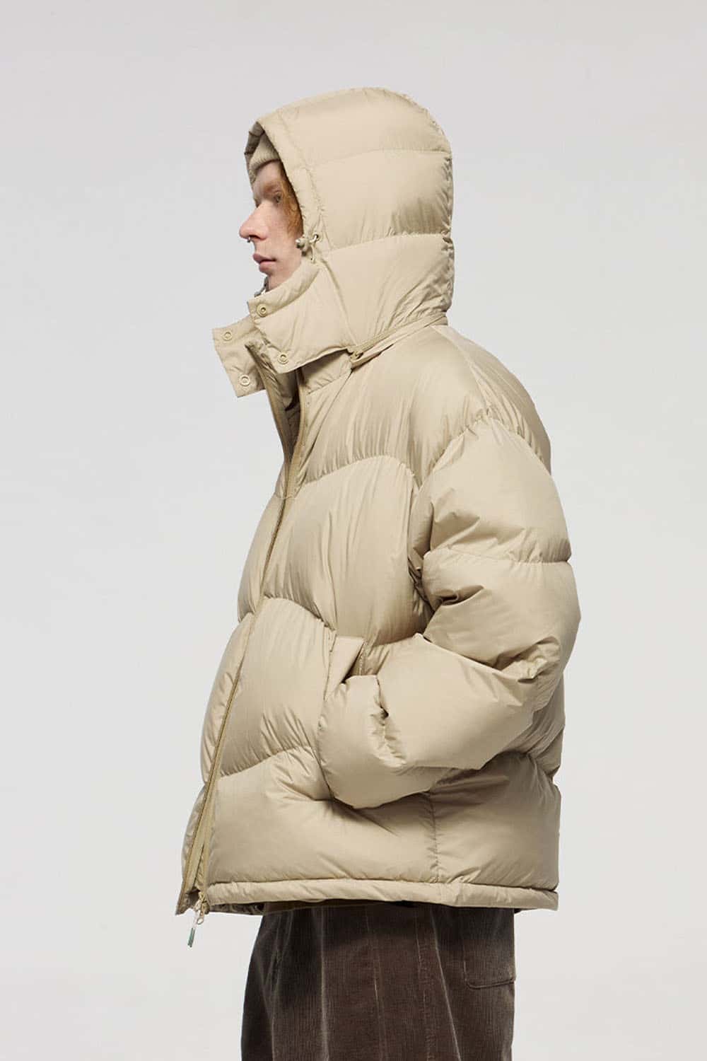 Packable White Duck Down Hooded Puffer Jacket in Khaki - product detail close-up