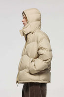 Packable White Duck Down Hooded Puffer Jacket in Khaki - product detail close-up