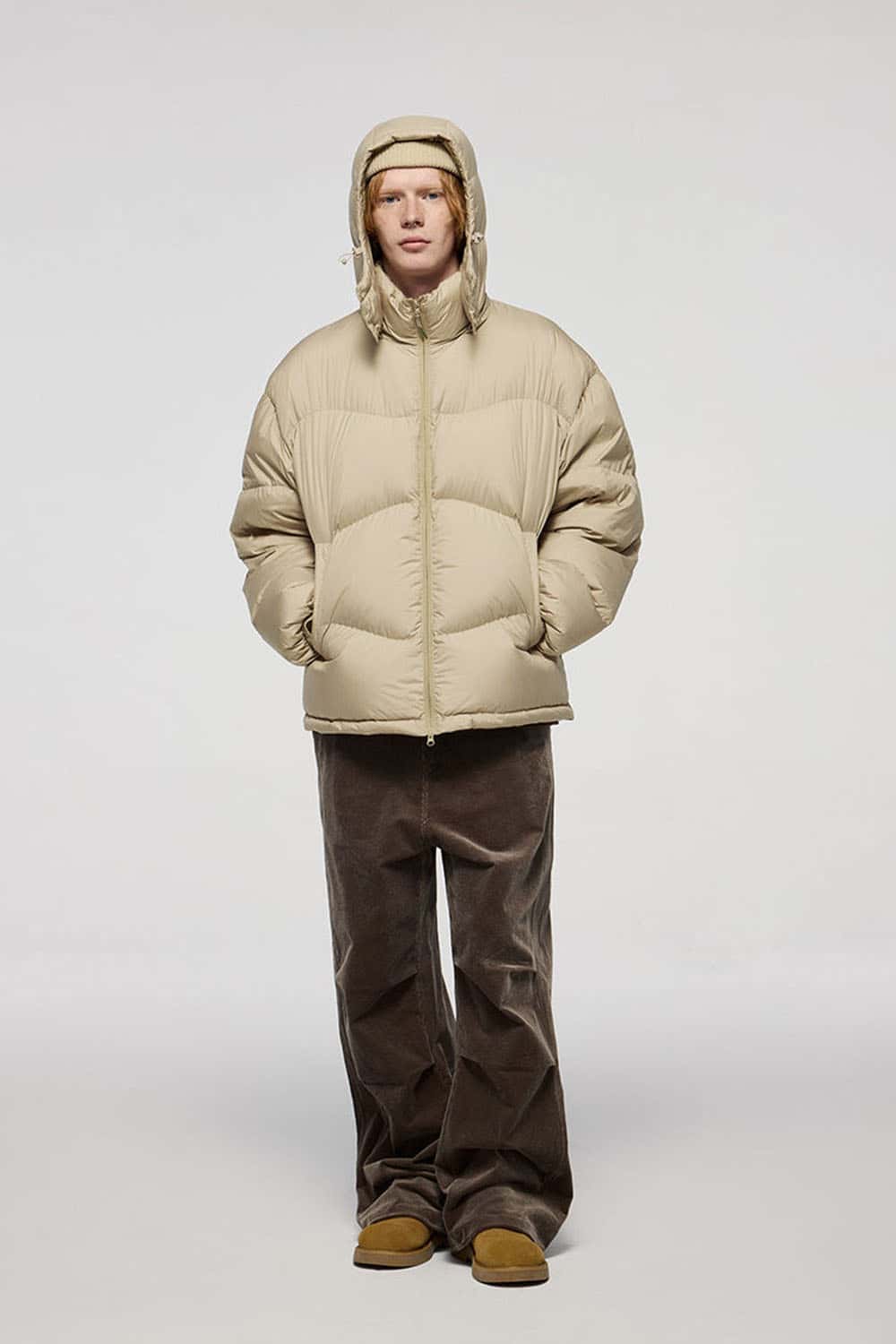 Packable White Duck Down Hooded Puffer Jacket in Khaki - full-length front modeled view