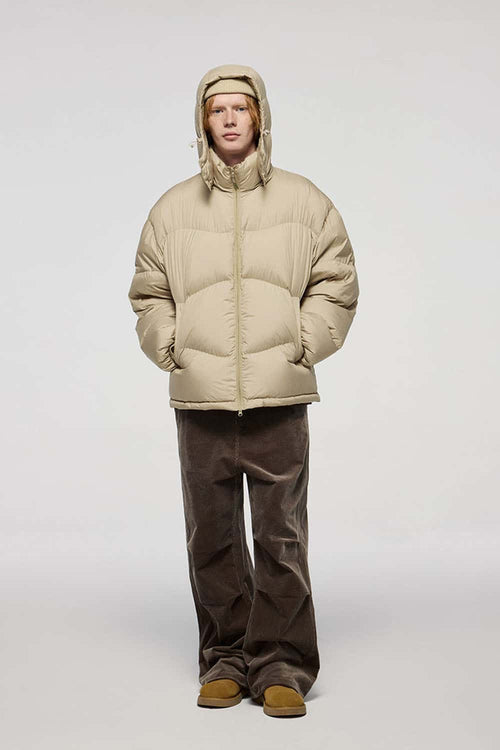 Packable White Duck Down Hooded Puffer Jacket in Khaki - full-length front modeled view
