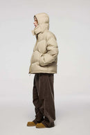 Packable White Duck Down Hooded Puffer Jacket in Khaki - full-length side modeled view