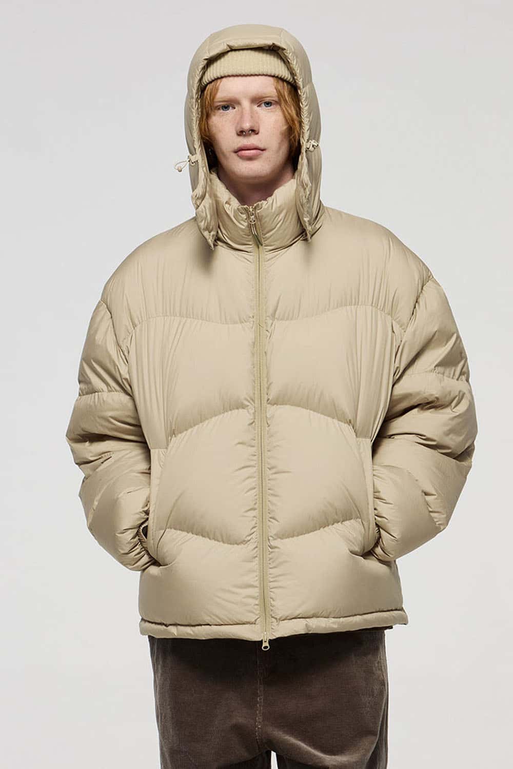 Packable White Duck Down Hooded Puffer Jacket in Khaki - front modeled view