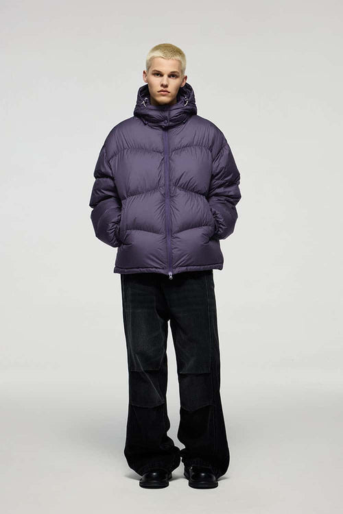 Packable White Duck Down Hooded Puffer Jacket in Purple - full-length front modeled view