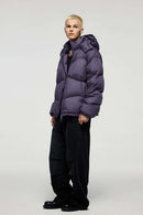 Packable White Duck Down Hooded Puffer Jacket in Purple - full-length front modeled view