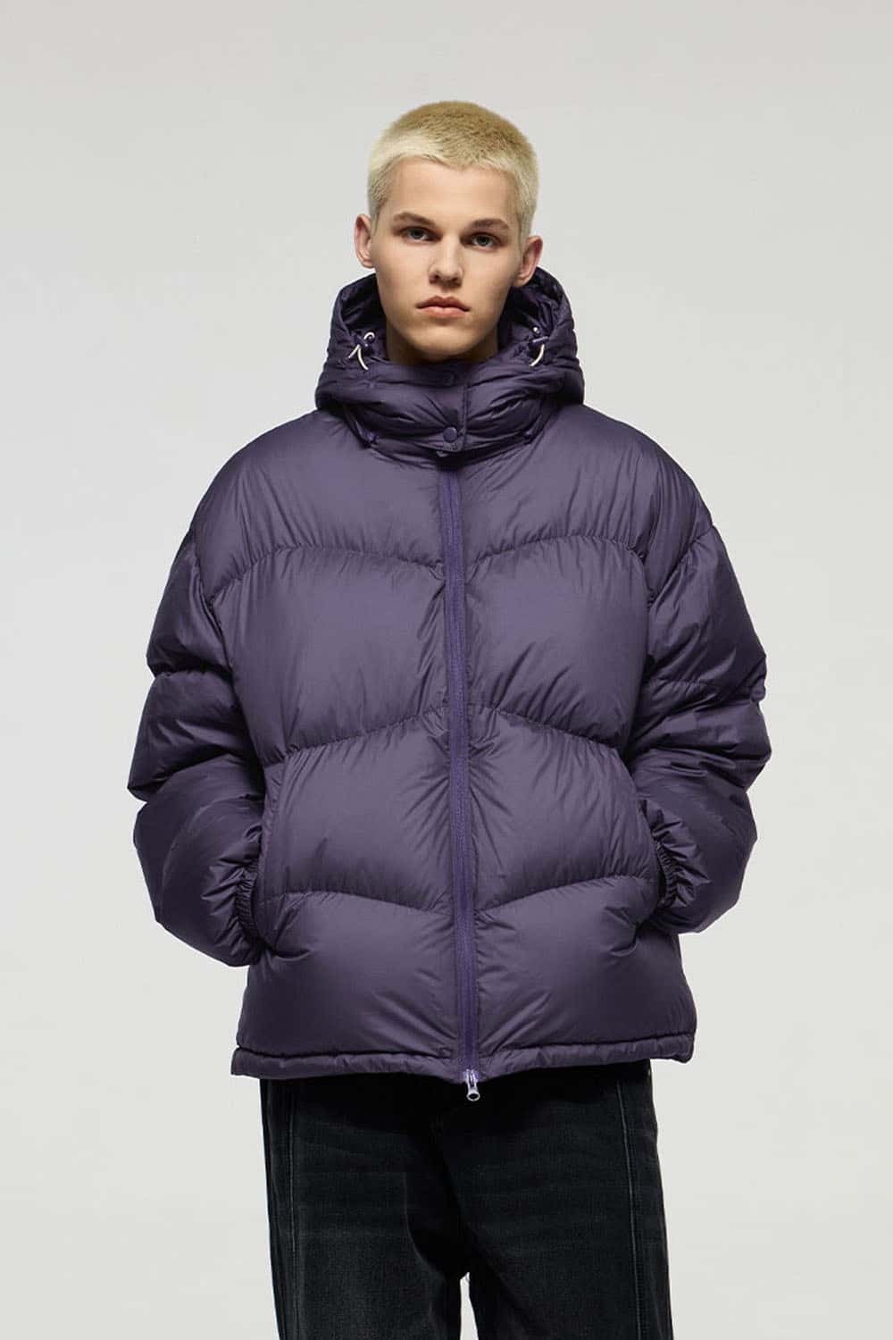 Packable White Duck Down Hooded Puffer Jacket in Purple - front modeled view