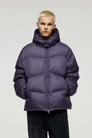 Packable White Duck Down Hooded Puffer Jacket in Purple - front modeled view
