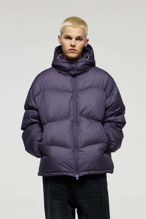 Packable White Duck Down Hooded Puffer Jacket in Purple - front modeled view