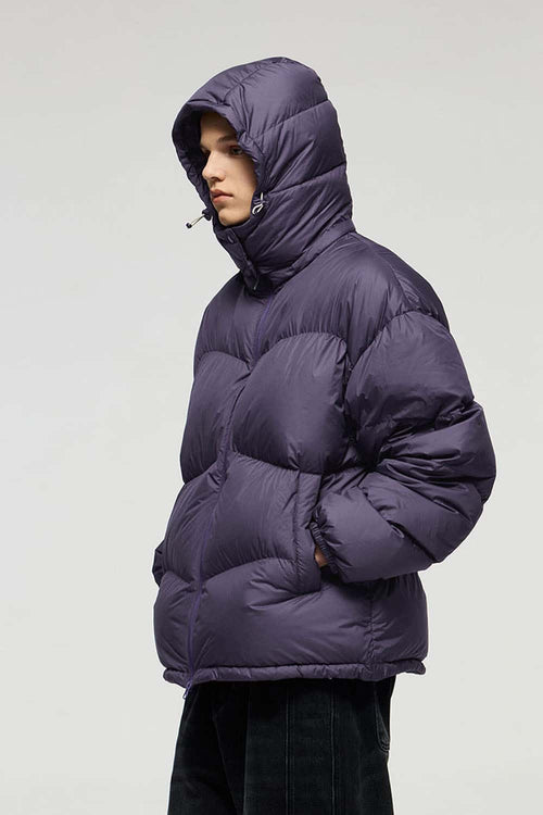 Packable White Duck Down Hooded Puffer Jacket in Purple - front modeled view