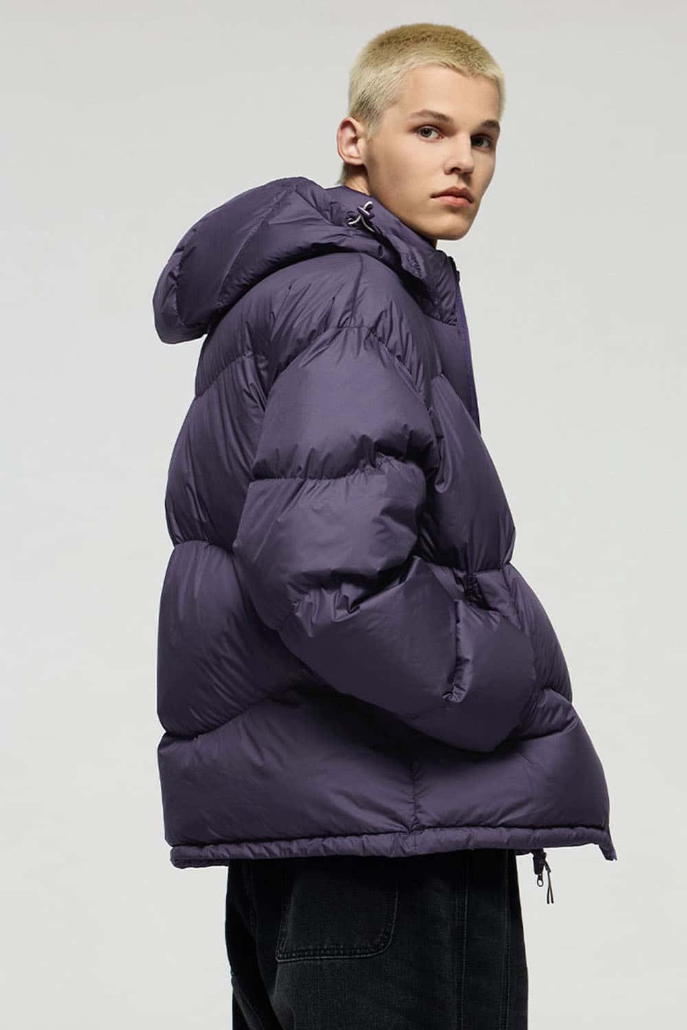 Packable White Duck Down Hooded Puffer Jacket in Purple - product detail close-up