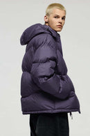 Packable White Duck Down Hooded Puffer Jacket in Purple - product detail close-up