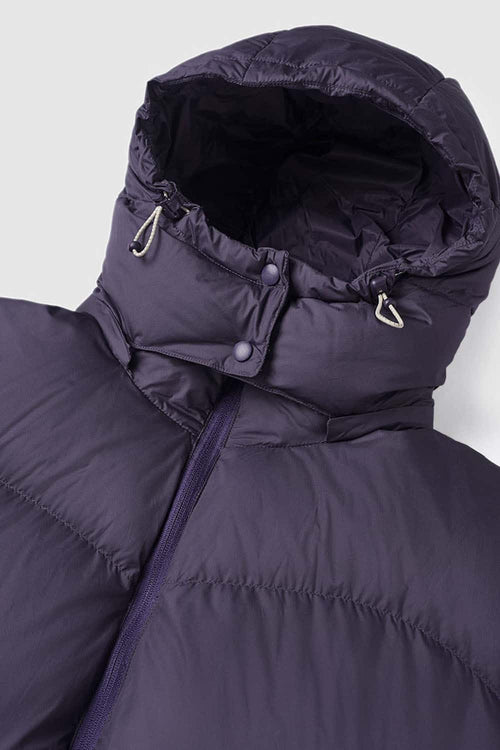 Packable White Duck Down Hooded Puffer Jacket in Purple - product detail close-up