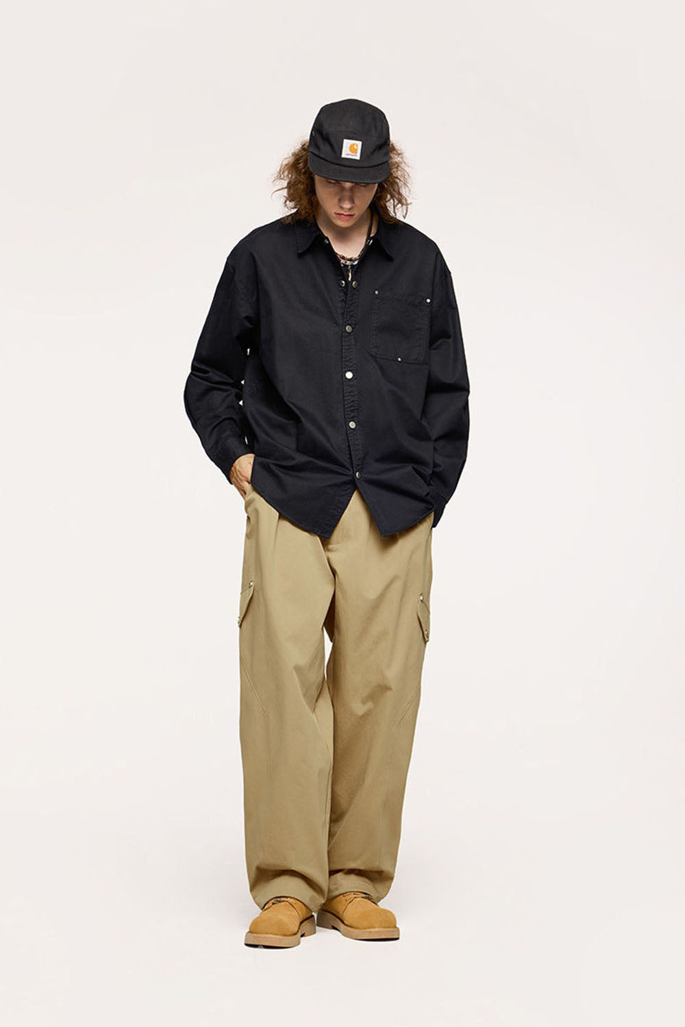 Rivet Faux Pocket Elastic Utility Pants with Wrinkle-Resistant Wide-Leg Design