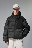 Waterproof White Duck Down Hooded Puffer Jacket in Black - product detail close-up