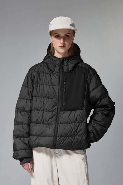 Waterproof White Duck Down Hooded Puffer Jacket in Black - product detail close-up