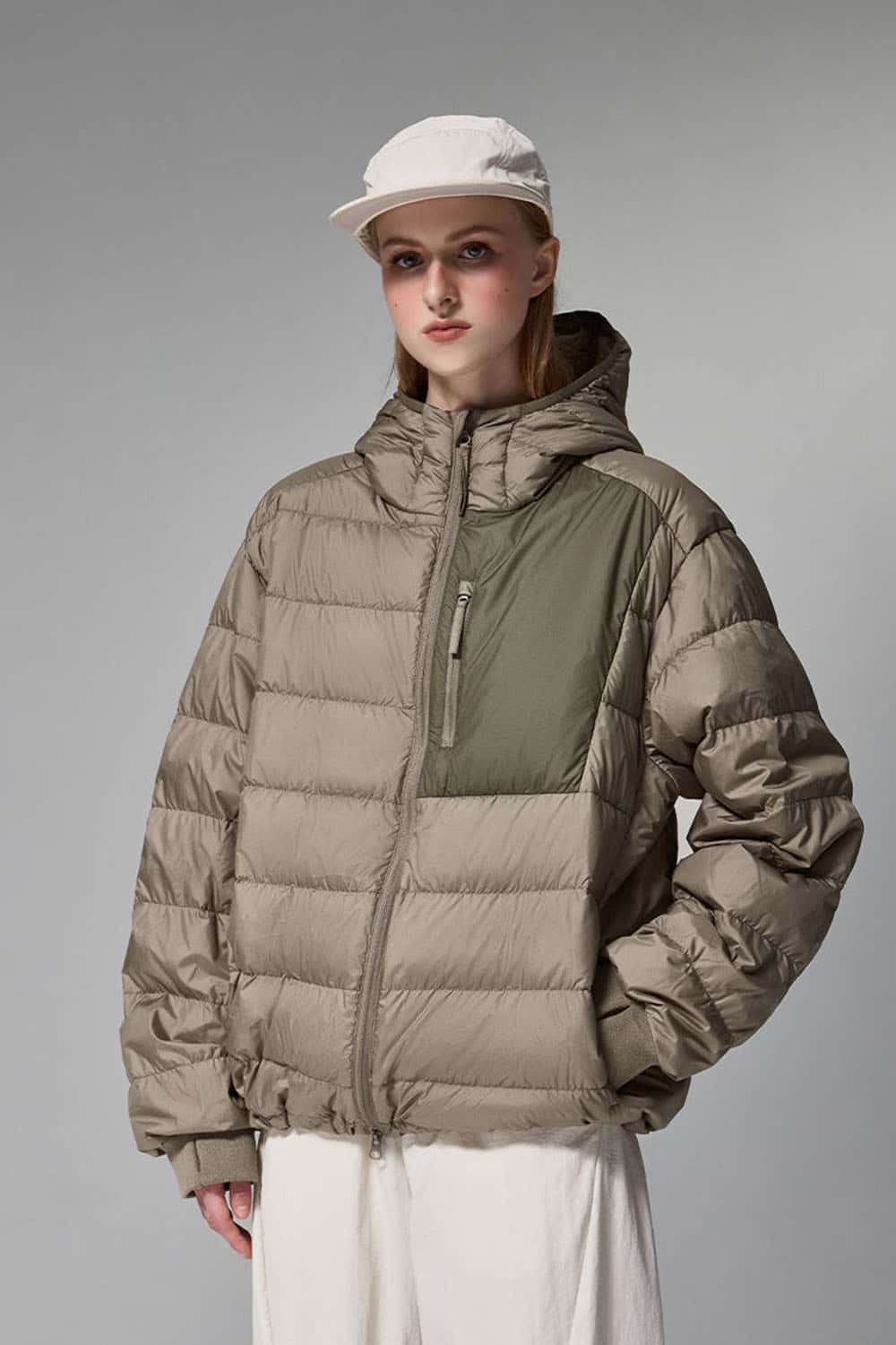 Waterproof White Duck Down Hooded Puffer Jacket in Brown - front modeled close-up