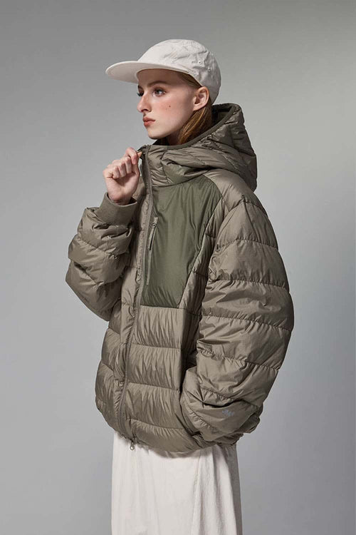 Waterproof White Duck Down Hooded Puffer Jacket in Brown - side modeled view