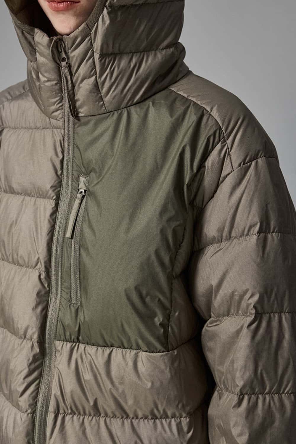 Waterproof White Duck Down Hooded Puffer Jacket in Brown - product detail close-up