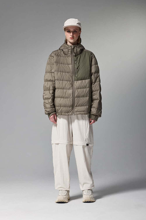 Waterproof White Duck Down Hooded Puffer Jacket in Brown - full-length front modeled view