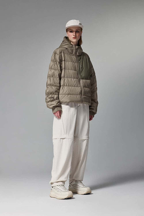 Waterproof White Duck Down Hooded Puffer Jacket in Brown - full-length front modeled view
