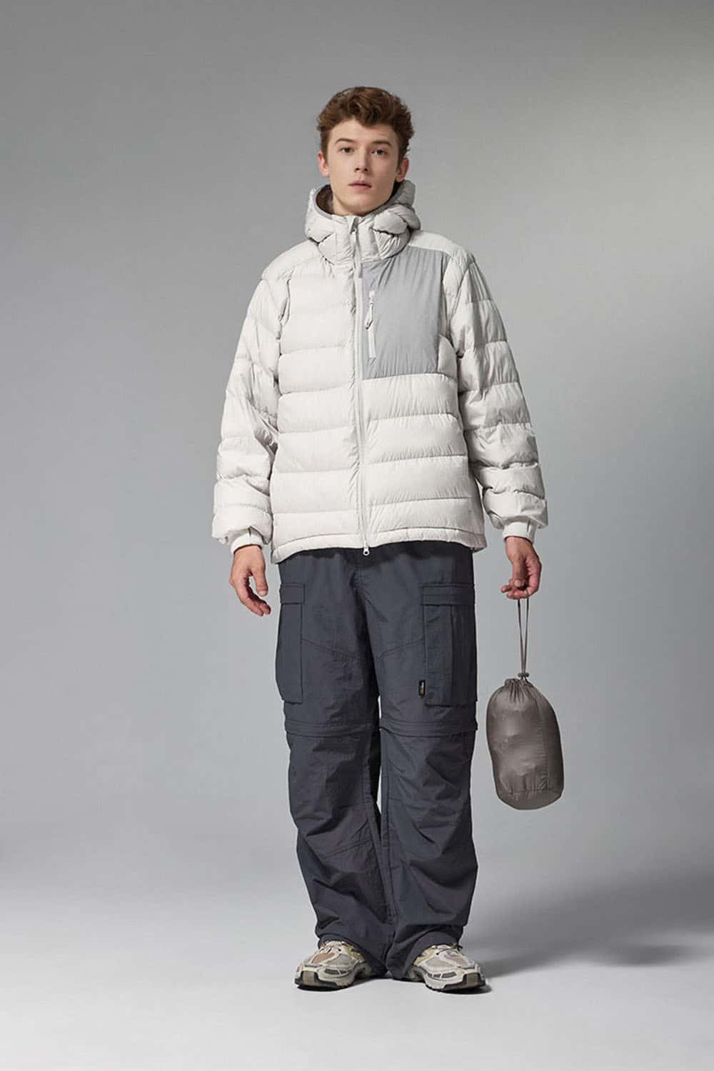 Waterproof White Duck Down Hooded Puffer Jacket in Grayish White - full-length front modeled view