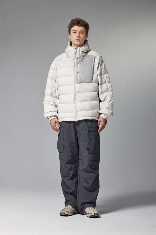 Waterproof White Duck Down Hooded Puffer Jacket in Grayish White - full-length front modeled view