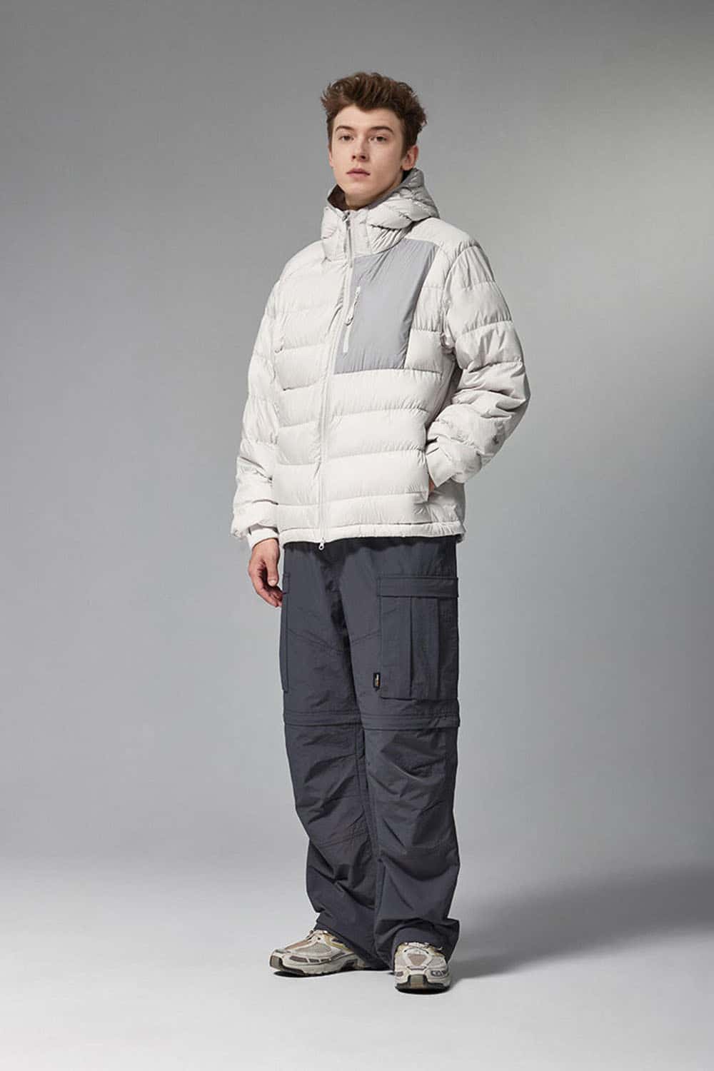 Waterproof White Duck Down Hooded Puffer Jacket in Grayish White - full-length front modeled view