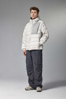 Waterproof White Duck Down Hooded Puffer Jacket in Grayish White - full-length front modeled view