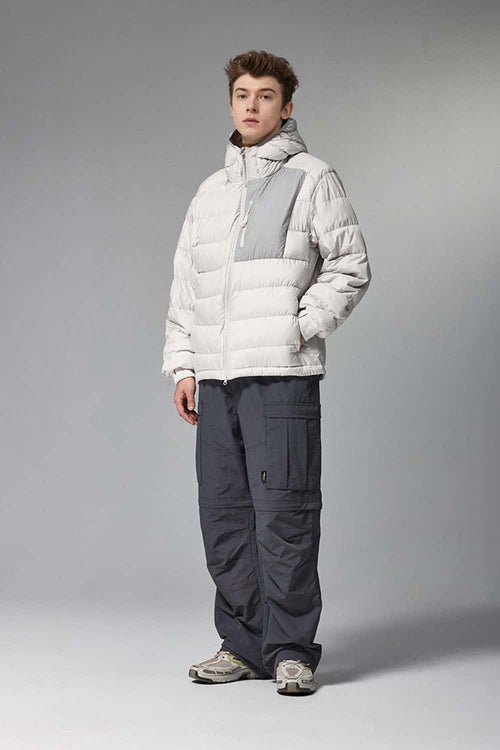 Waterproof White Duck Down Hooded Puffer Jacket in Grayish White - full-length front modeled view
