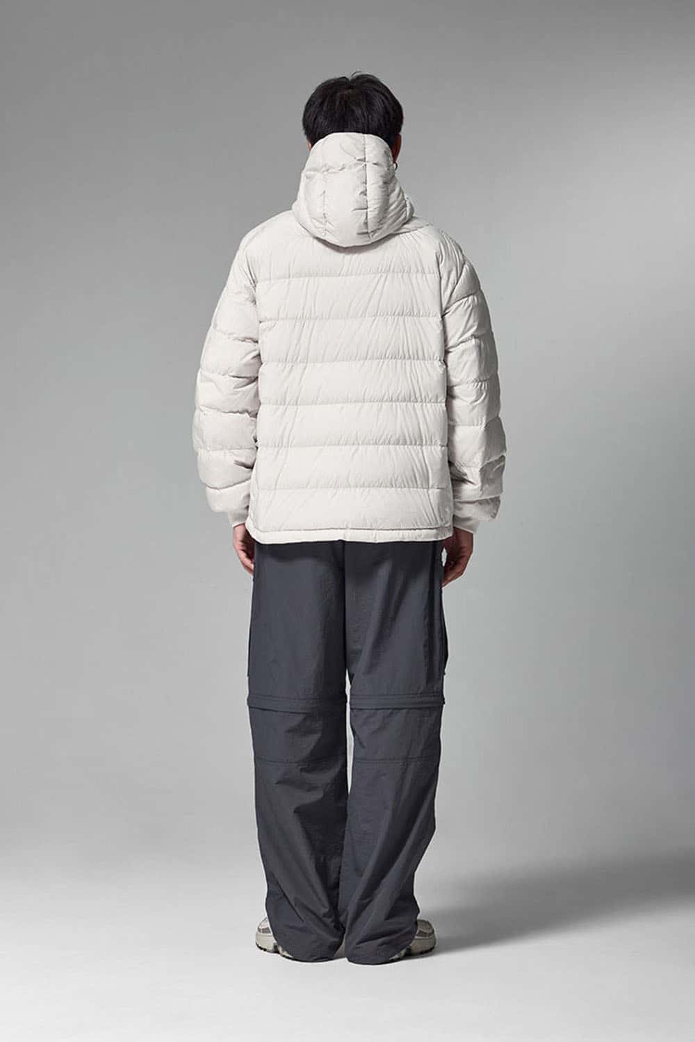 Waterproof White Duck Down Hooded Puffer Jacket in Grayish White - full-length back modeled view