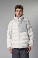 Waterproof White Duck Down Hooded Puffer Jacket in Grayish White - front modeled close-up