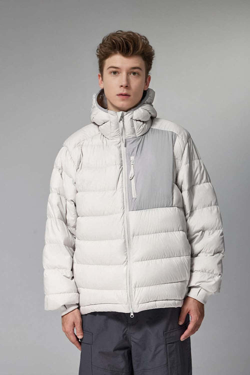 Waterproof White Duck Down Hooded Puffer Jacket in Grayish White - front modeled close-up