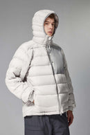 Waterproof White Duck Down Hooded Puffer Jacket in Grayish White - front modeled view