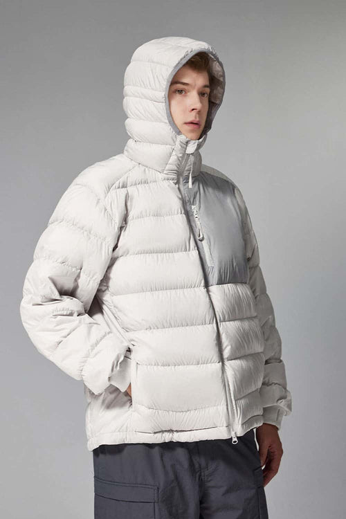 Waterproof White Duck Down Hooded Puffer Jacket in Grayish White - front modeled view