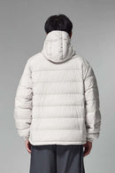 Waterproof White Duck Down Hooded Puffer Jacket in Grayish White - back modeled close-up