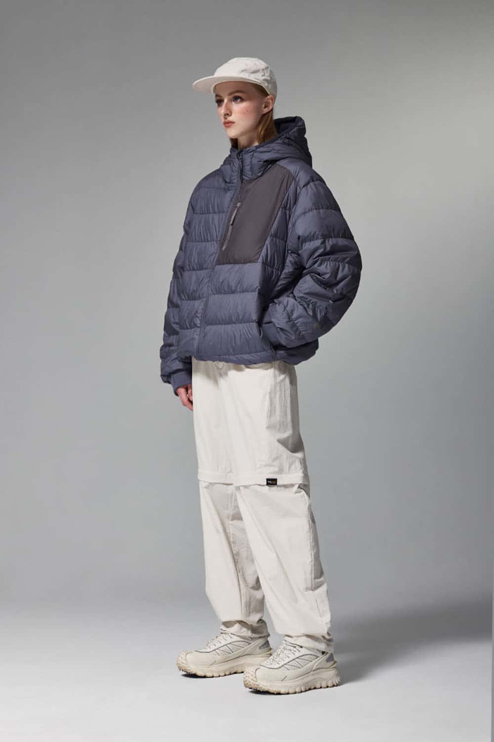 Waterproof White Duck Down Hooded Puffer Jacket in Purple - full-length front modeled view
