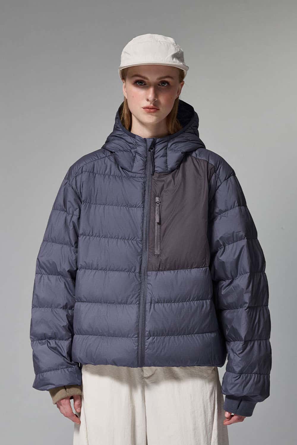 Waterproof White Duck Down Hooded Puffer Jacket in Purple - front modeled close-up