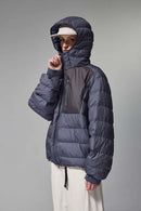 Waterproof White Duck Down Hooded Puffer Jacket in Purple - front modeled view
