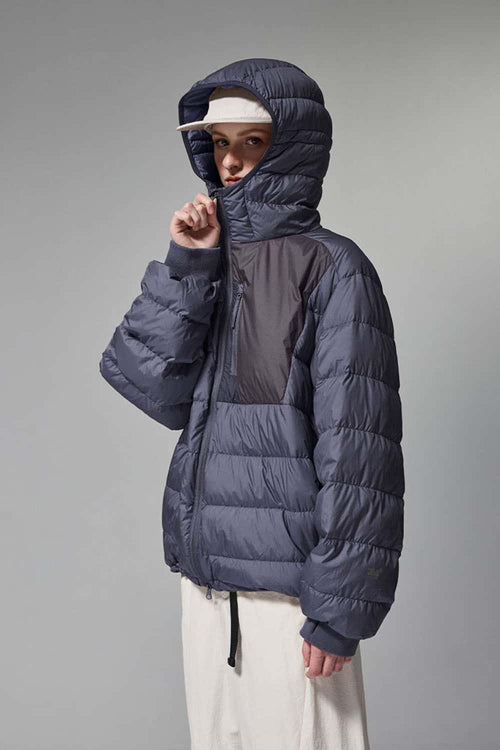 Waterproof White Duck Down Hooded Puffer Jacket in Purple - front modeled view