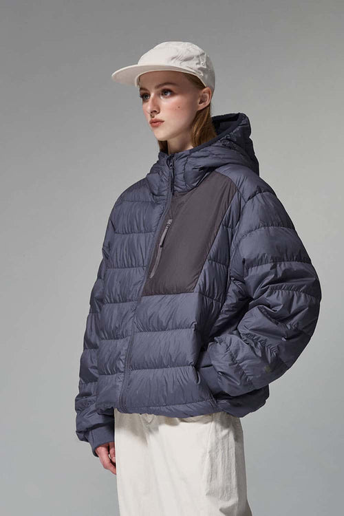 Waterproof White Duck Down Hooded Puffer Jacket in Purple - front modeled close-up