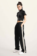 Mock Neck Contrast Zip Short-Sleeve Set - Black