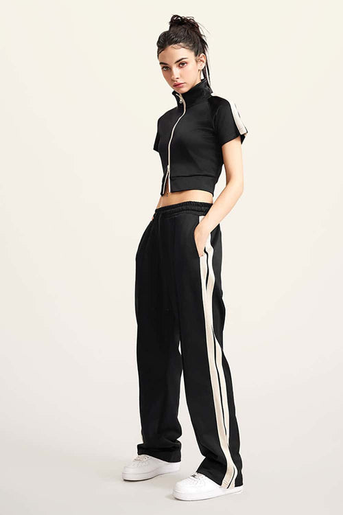 Mock Neck Contrast Zip Short-Sleeve Set - Black