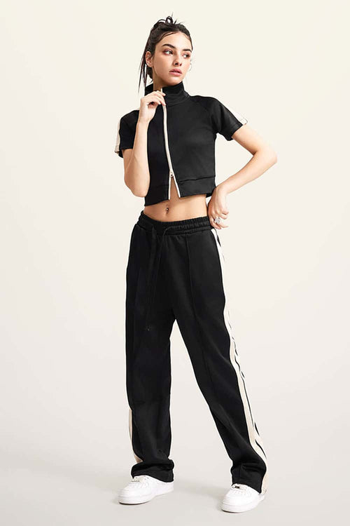 Mock Neck Contrast Zip Short-Sleeve Set - Black