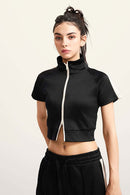 Mock Neck Contrast Zip Short-Sleeve Set - Black