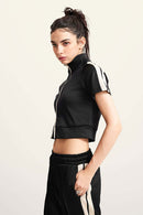 Mock Neck Contrast Zip Short-Sleeve Set - Black