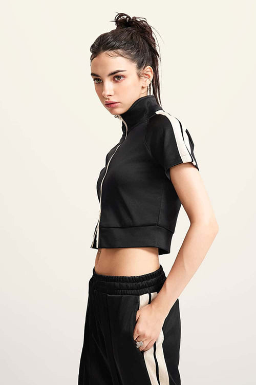 Mock Neck Contrast Zip Short-Sleeve Set - Black