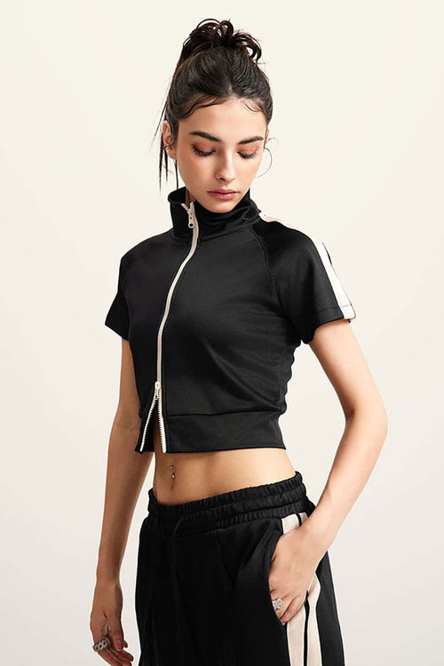 Mock Neck Contrast Zip Short-Sleeve Set - Black