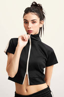 Mock Neck Contrast Zip Short-Sleeve Set - Black