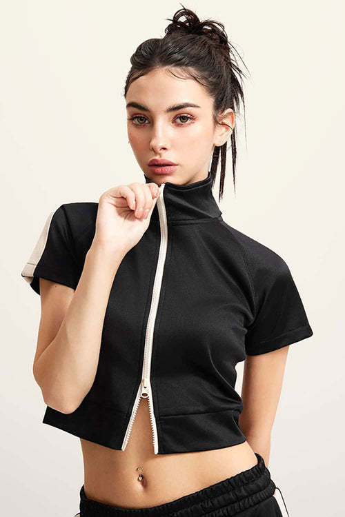 Mock Neck Contrast Zip Short-Sleeve Set - Black