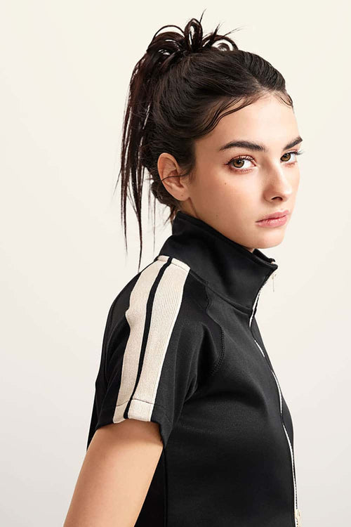 Mock Neck Contrast Zip Short-Sleeve Set - Black